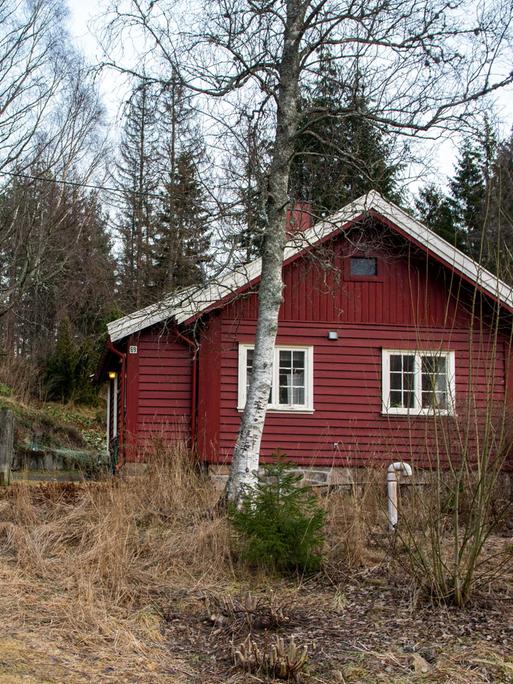 Ein rotes Haus am Waldrand in Norwegen.