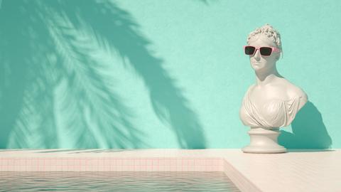 Digitale Illustration in grünen Pastellton: Zu sehen ist eine weibliche antike Skulptur mit bedeckter Brust und einer pinken Sonnenbrille am Rande eine Swimmingpools. 