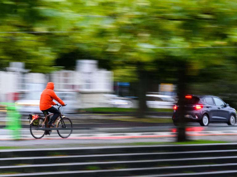 Ein Mann fährt mit einem Fahrrad am frühen Morgen neben einem Auto durch die Innenstadt auf einer Straße mit vielen Bäumen. Im Hintergrund sind weitere Autos  zu sehen.