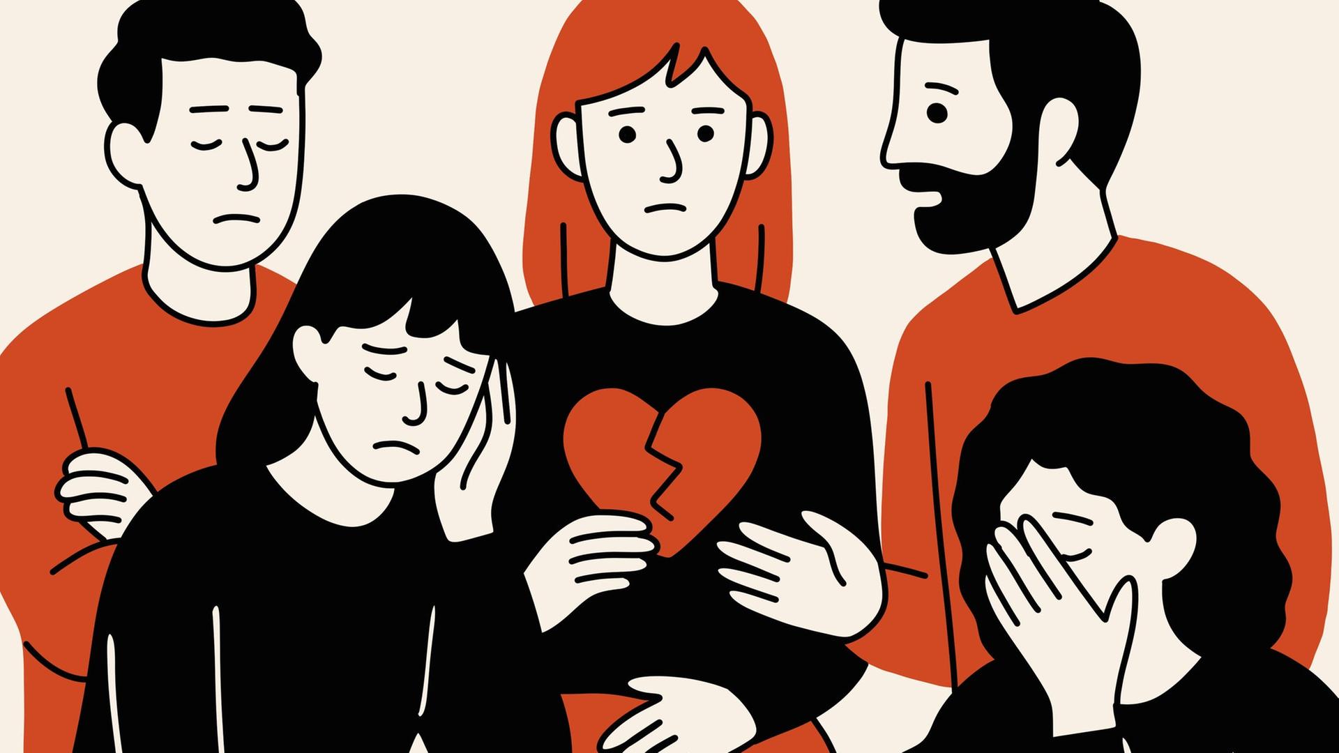 Illustration: Vier Menschen umgeben eine Frau mit gebrochenem Herzen.