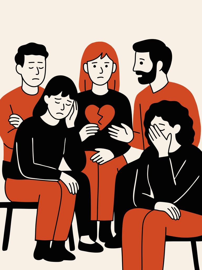 Illustration: Vier Menschen umgeben eine Frau mit gebrochenem Herzen.