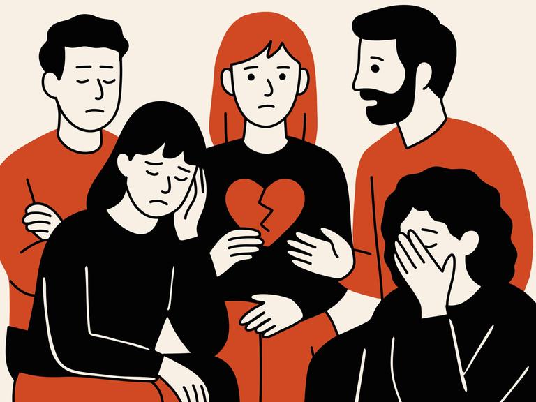 Illustration: Vier Menschen umgeben eine Frau mit gebrochenem Herzen.