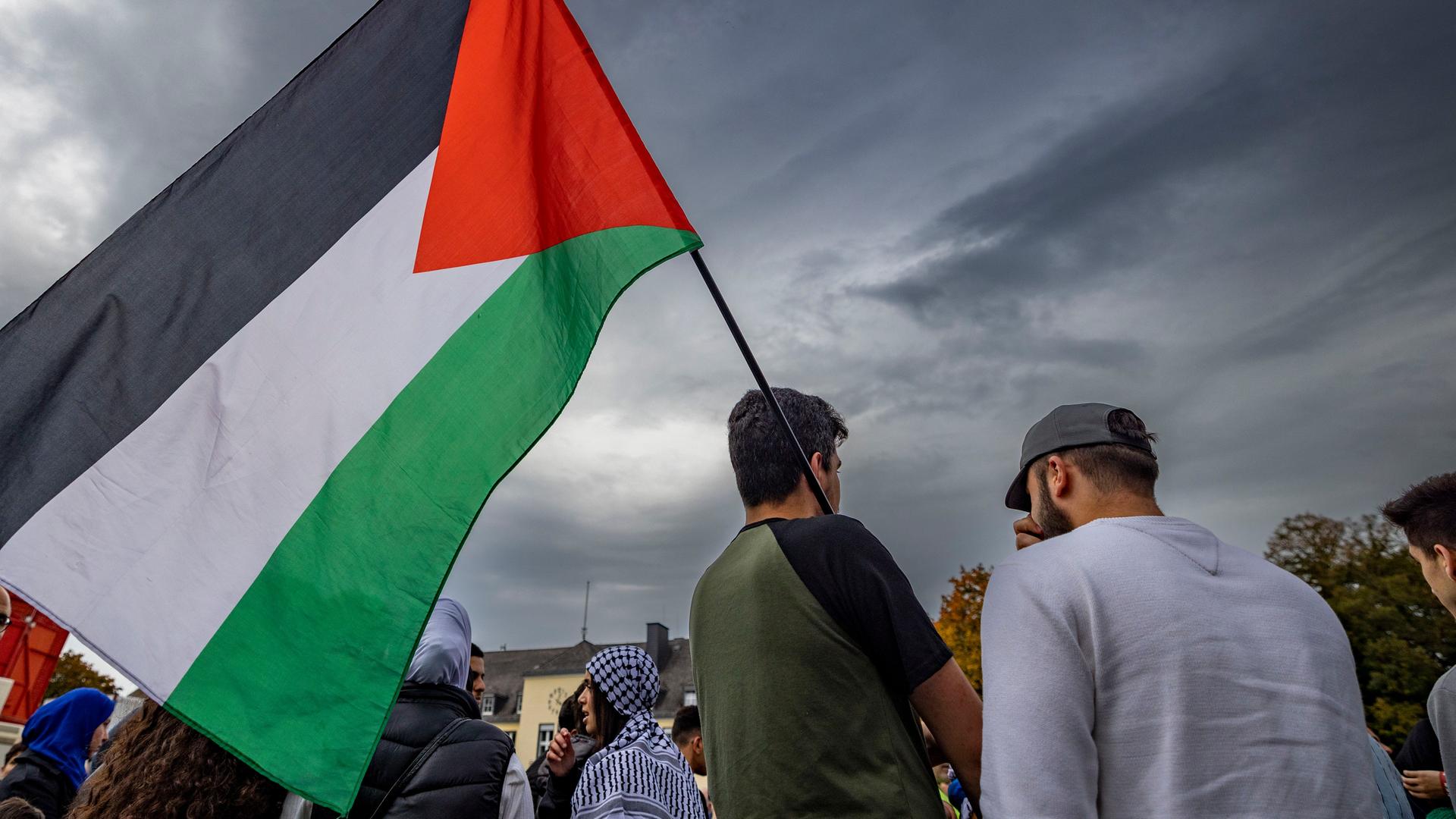 Demonstranten protestieren mit der palästinensische Flagge für die Befreiung von Palästina und gegen den derzeitigen Krieg mit Israel.