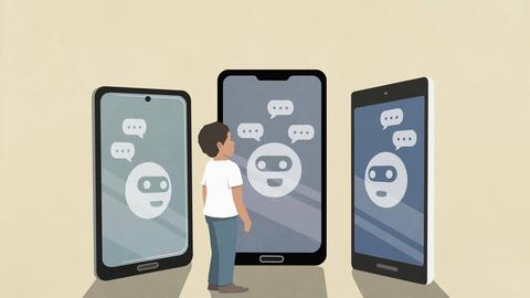 Eine Illustration zeigt einen kleinen Jungen der vor Smartphone-Bildschirmen steht. Auf den Bildschirmen sind Emokis mit Masken und Sprechblasen zu sehen.