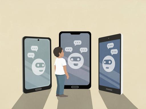 Eine Illustration zeigt einen kleinen Jungen der vor Smartphone-Bildschirmen steht. Auf den Bildschirmen sind Emokis mit Masken und Sprechblasen zu sehen.