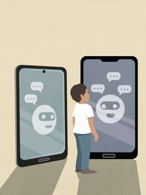 Eine Illustration zeigt einen kleinen Jungen der vor Smartphone-Bildschirmen steht. Auf den Bildschirmen sind Emokis mit Masken und Sprechblasen zu sehen.