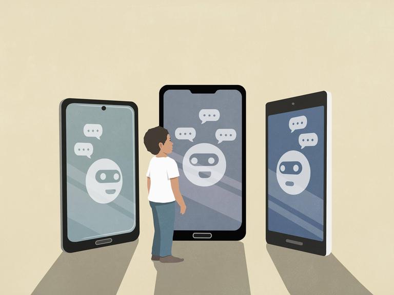 Eine Illustration zeigt einen kleinen Jungen der vor Smartphone-Bildschirmen steht. Auf den Bildschirmen sind Emokis mit Masken und Sprechblasen zu sehen.