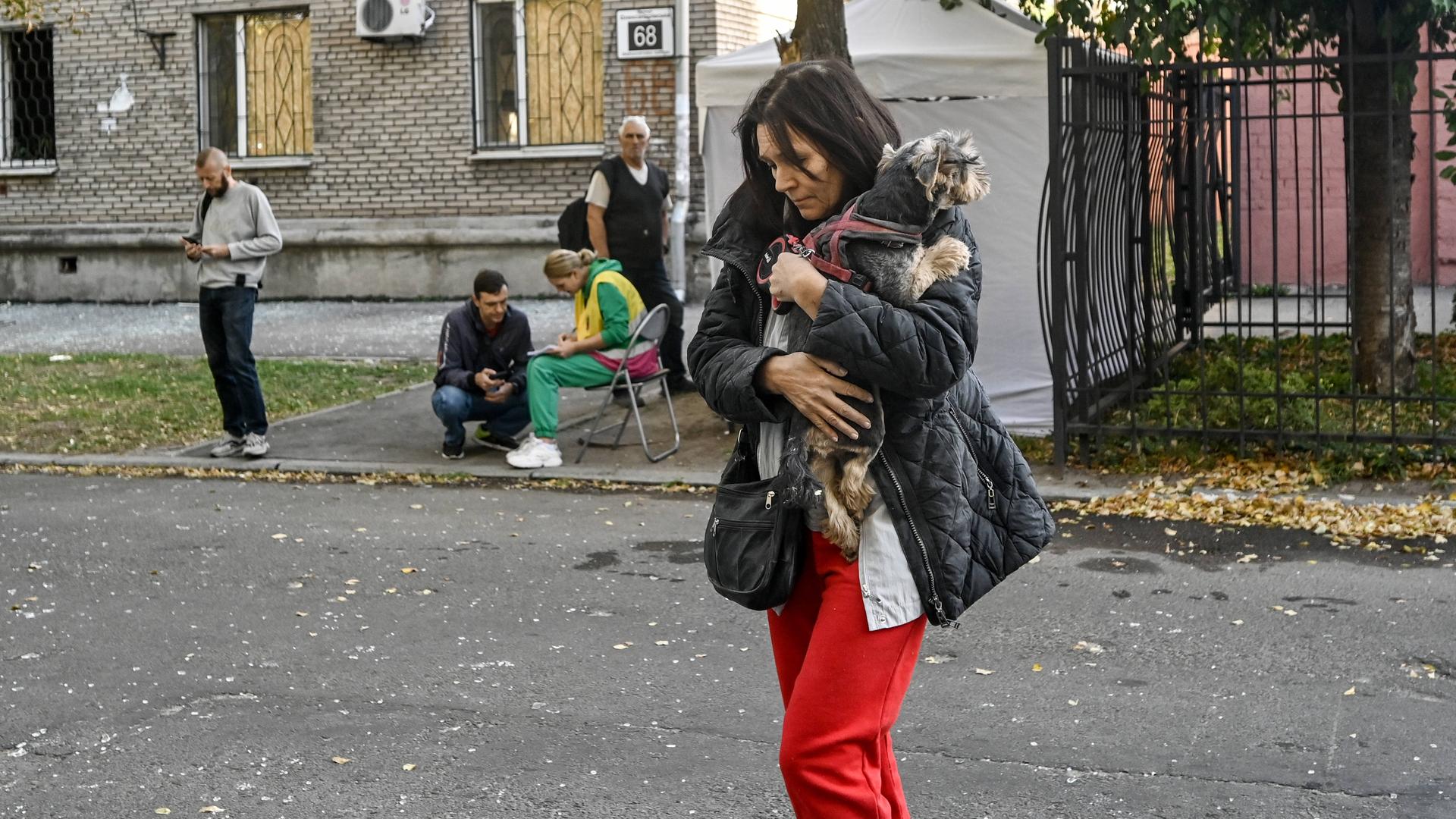 Eine Frau hält einen Hund im Arm. Im Hintergrund stehen zwei Männer, ein weiterer kniet vor einer weiteren Frau, die auf einem Stuhl sitzt. Sie blicken auf ihre Handys. Ein einzelner Mann im Hintergrund blickt Richtung Kamera.