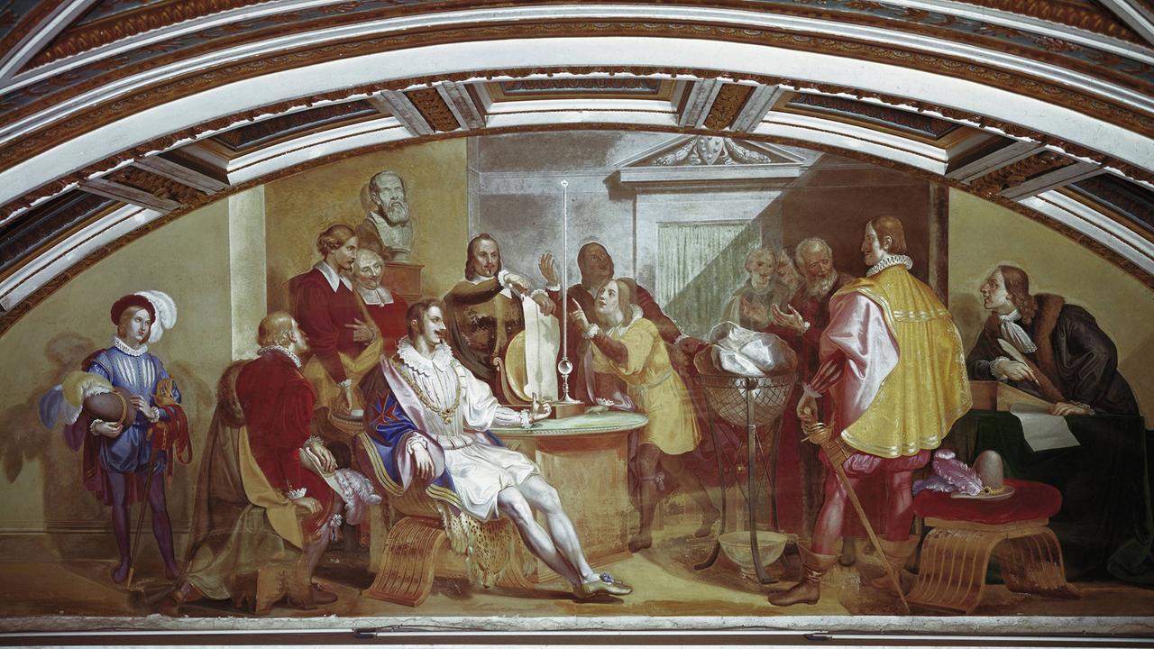 Großherzog Ferdinand II. de Medici beobachtet ein Barometer-Experiment von Evangelista Torricelli in der Accademia del Cimento; Fresco von Gaspero Martellini (1785-1857) in der Tribuna Galileiana in Florenz 