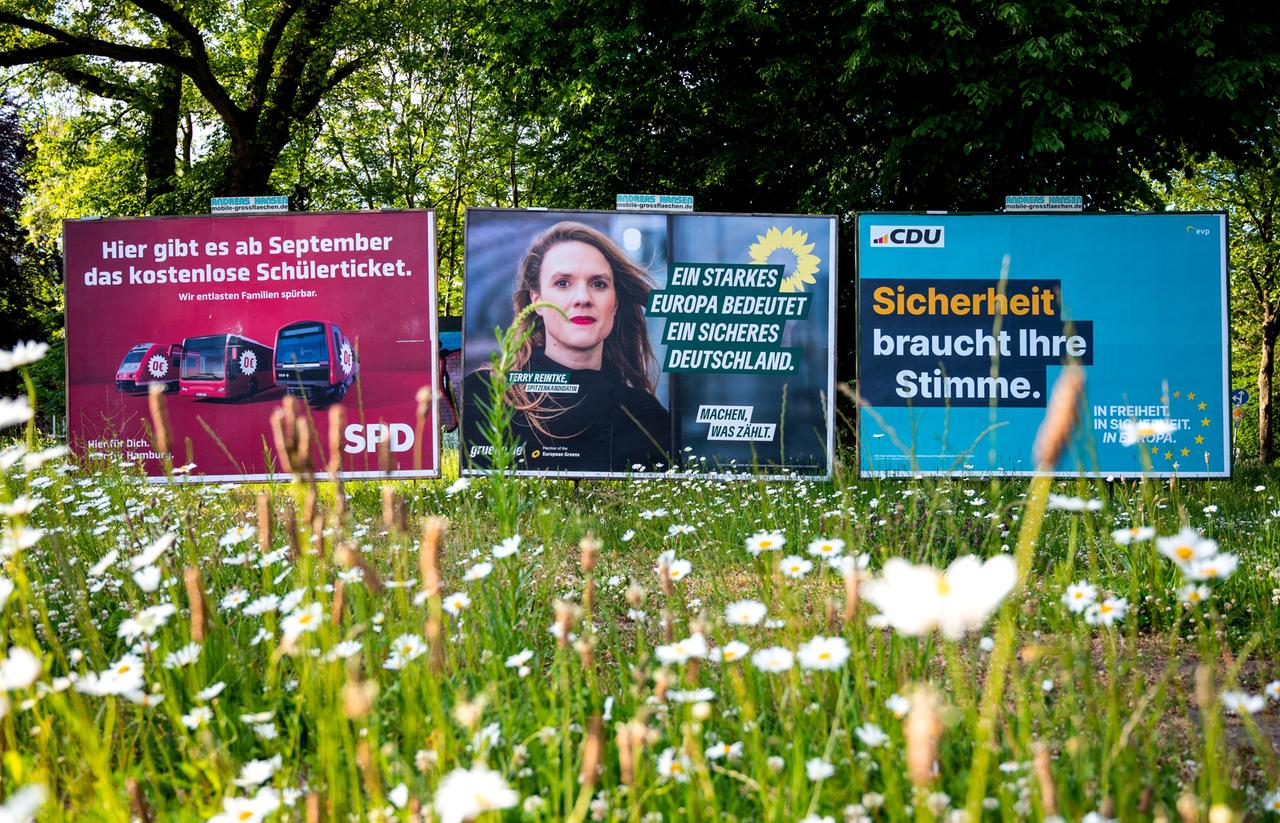 Das Foto zeigt Plakate von Parteien zur Europa-Wahl. 