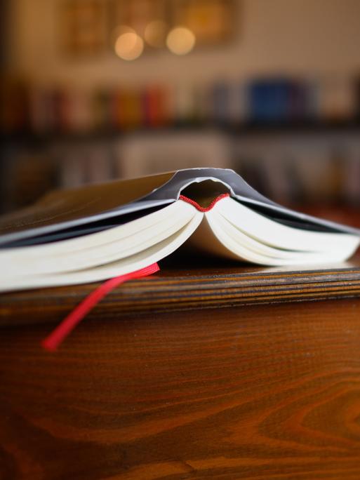 Ein Buch liegt in einem Wohnzimmer auf einem Tisch.