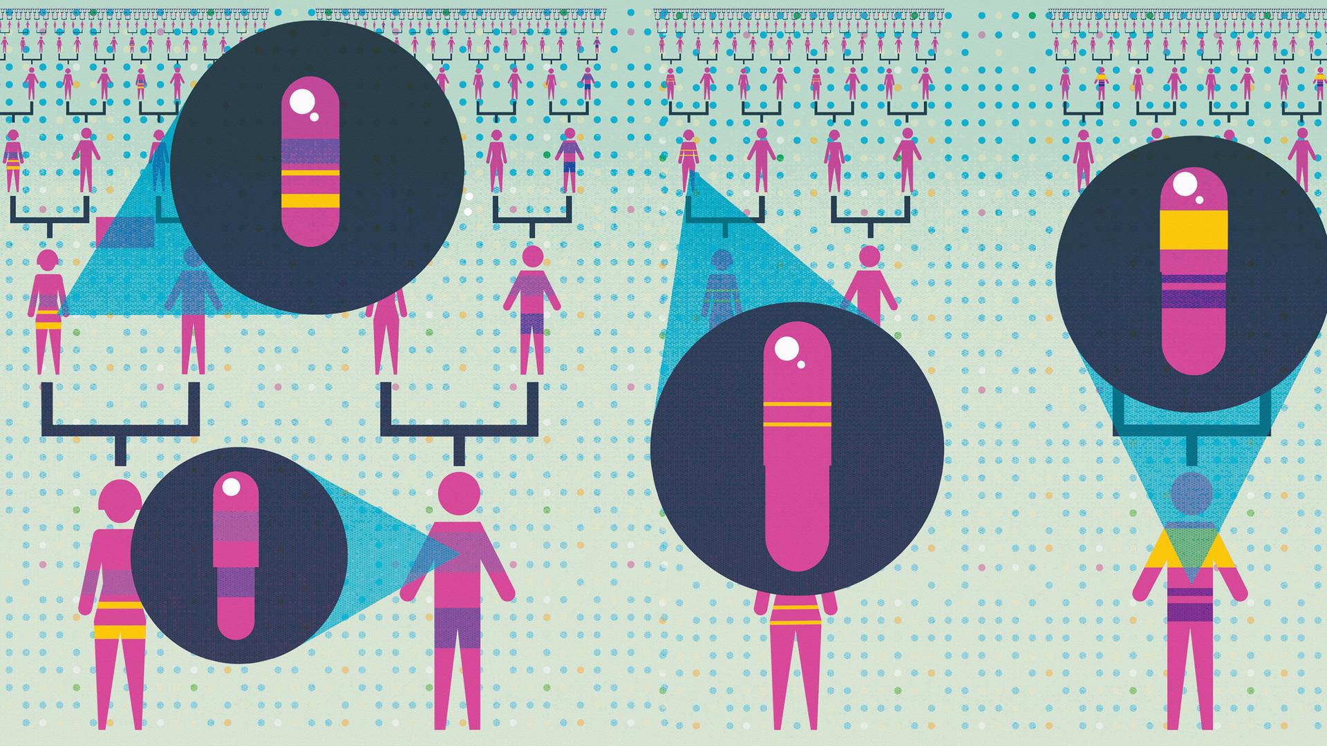 Eine Illustration zeigt stilisierte Männer und Frauen in einem Flowchart. Aus manchen Figuren springt eine Blase mit einer Pille.
