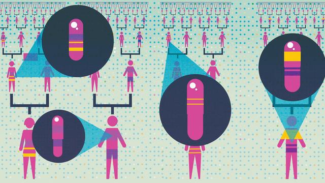 Eine Illustration zeigt stilisierte Männer und Frauen in einem Flowchart. Aus manchen Figuren springt eine Blase mit einer Pille. Eine Illustration zeigt stilisierte Männer und Frauen in einem Flowchart. Aus manchen Figuren springt eine Blase mit einer Pille.