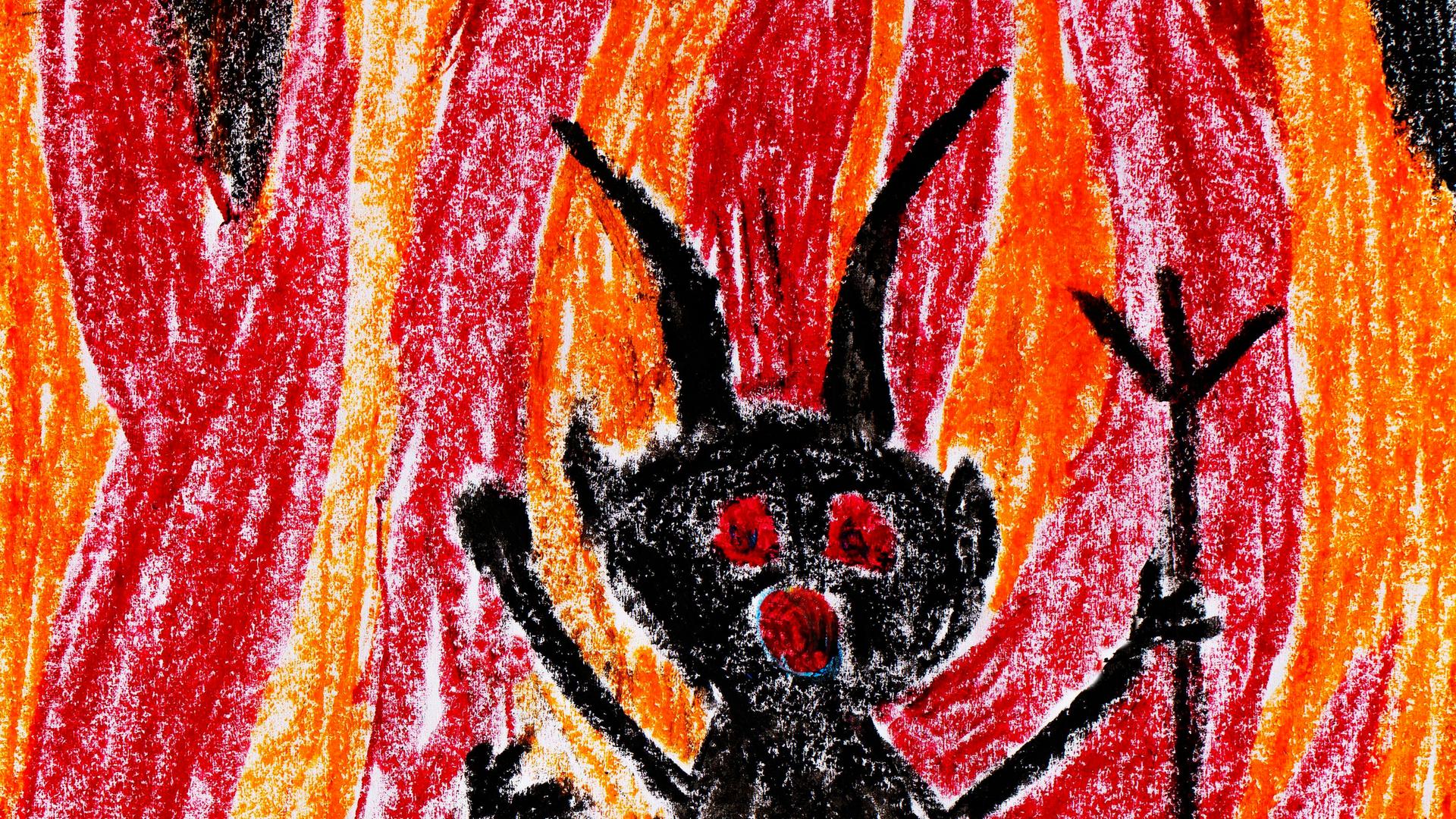 Kinderzeichnung eines schwarzen Teufels mit Dreizack vor rotem Hintergrund