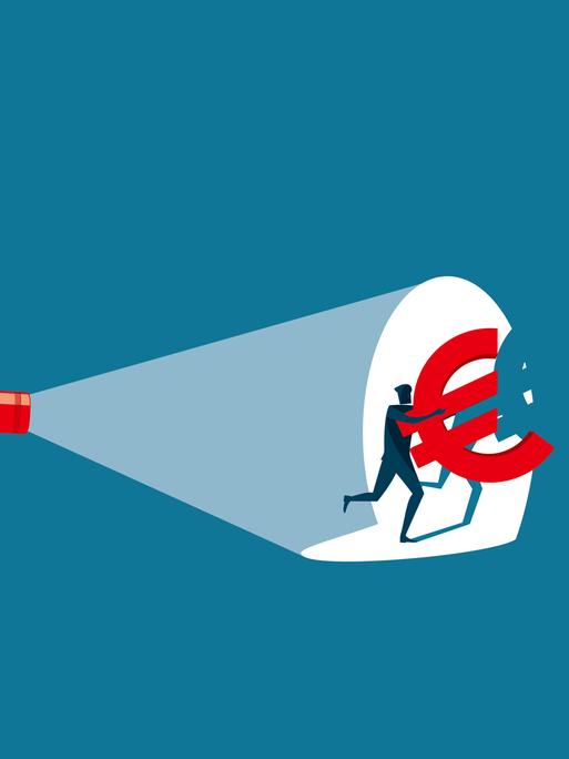 Illustration einer Person, die mit einem großen Euro-Zeichen versucht zu flüchten. Von links kommt eine Hand, die mit einer Taschenlampe direkt auf sie scheint.