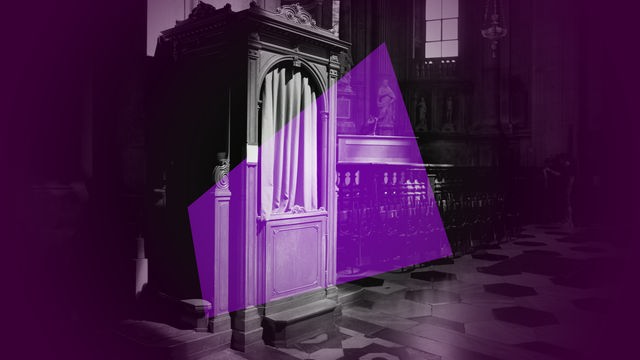 Das violett eingefärbte Bild eines Beichtstuhls wird von einem violetten Mosaikstück überlagert.