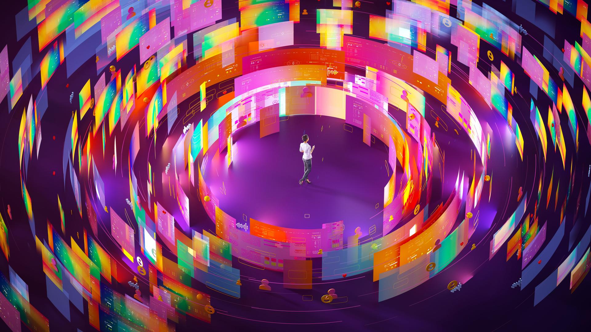 Illustration einer Person, die inmitten eines schier endlose Strudels aus Werbeseiten, Reaktionen und Likes steht. Der Hintergrund ist in einem Violetton gehalten.