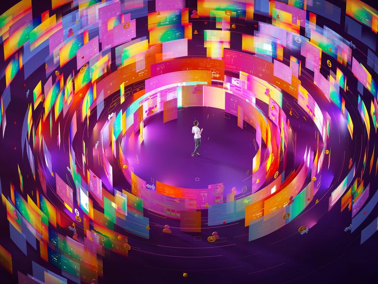 Illustration einer Person, die inmitten eines schier endlose Strudels aus Werbeseiten, Reaktionen und Likes steht. Der Hintergrund ist in einem Violetton gehalten.