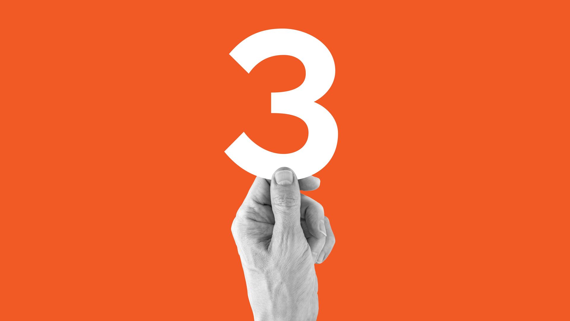 Eine Hand vor orangenem Hintergrund, die eine große 3 hochhält