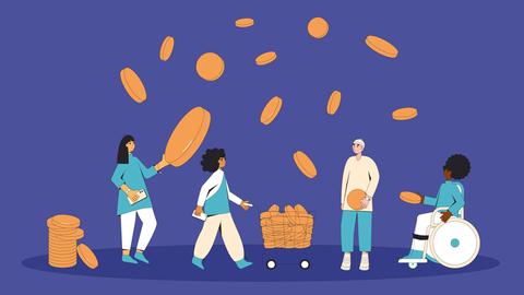 Illustration von verschiedenen Menschen die überdimensoniale Geldstücke in den Händen halten und diese durch die Luft werfen.