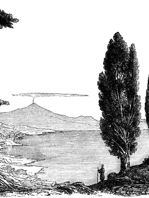 Landschaft am Golf von Neapel mit Blick auf den rauchenden Ätna - historische Illustration 1888.