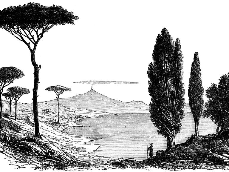 Landschaft am Golf von Neapel mit Blick auf den rauchenden Ätna - historische Illustration 1888.