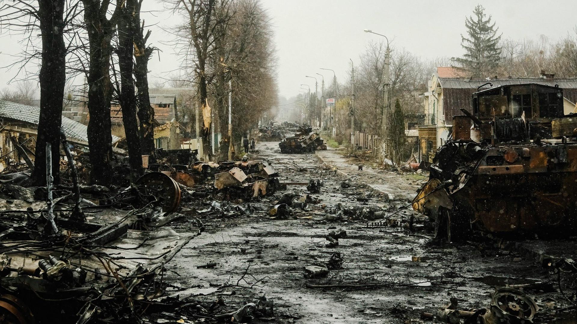 Trümmer von Kriegsgerät auf einer Dorfstraße, links vier durch einen Brand verkohlte Baumstämme, im Hintergrund am Straßenrand gehen zwei Menschen.