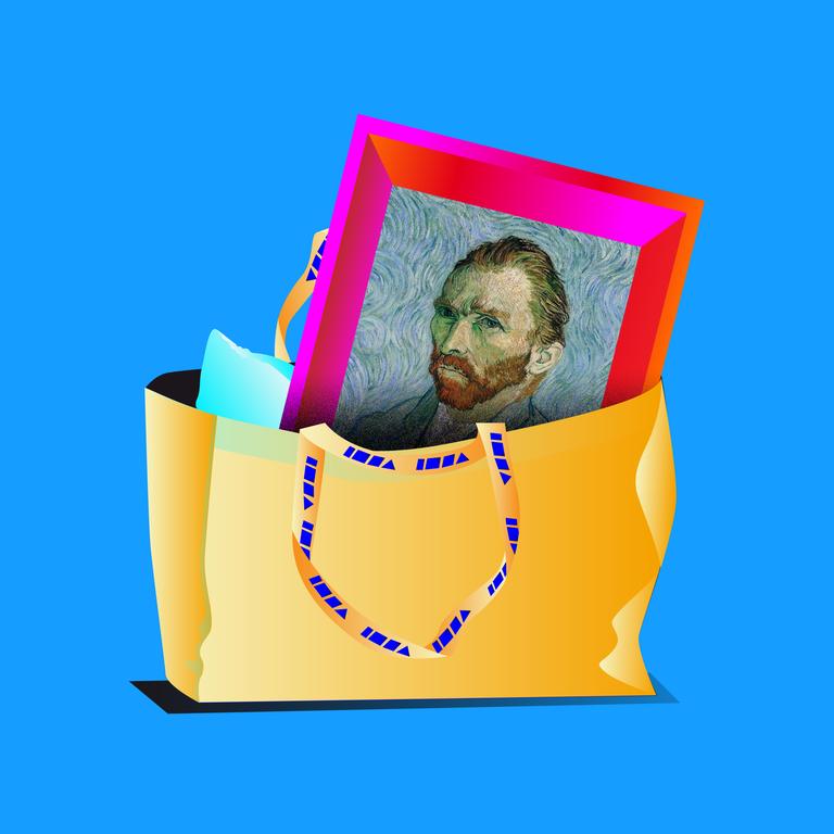 Ein Van Gogh-Gemälde steckt in einem gelben Beutel.