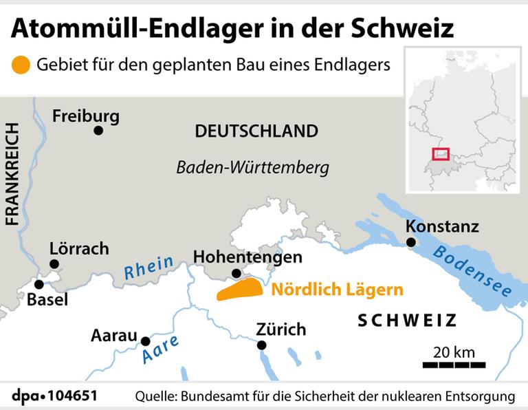 Der Standort des geplanten Atommüll-Endlagers in der Schweiz auf einer Landkarte