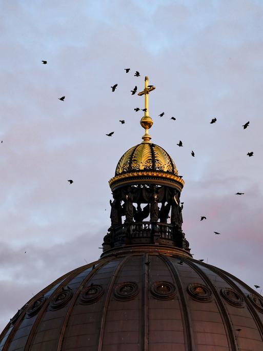 Krähen überfliegen am Abend das Kreuz der Kuppel am Humboldt Forum. 
