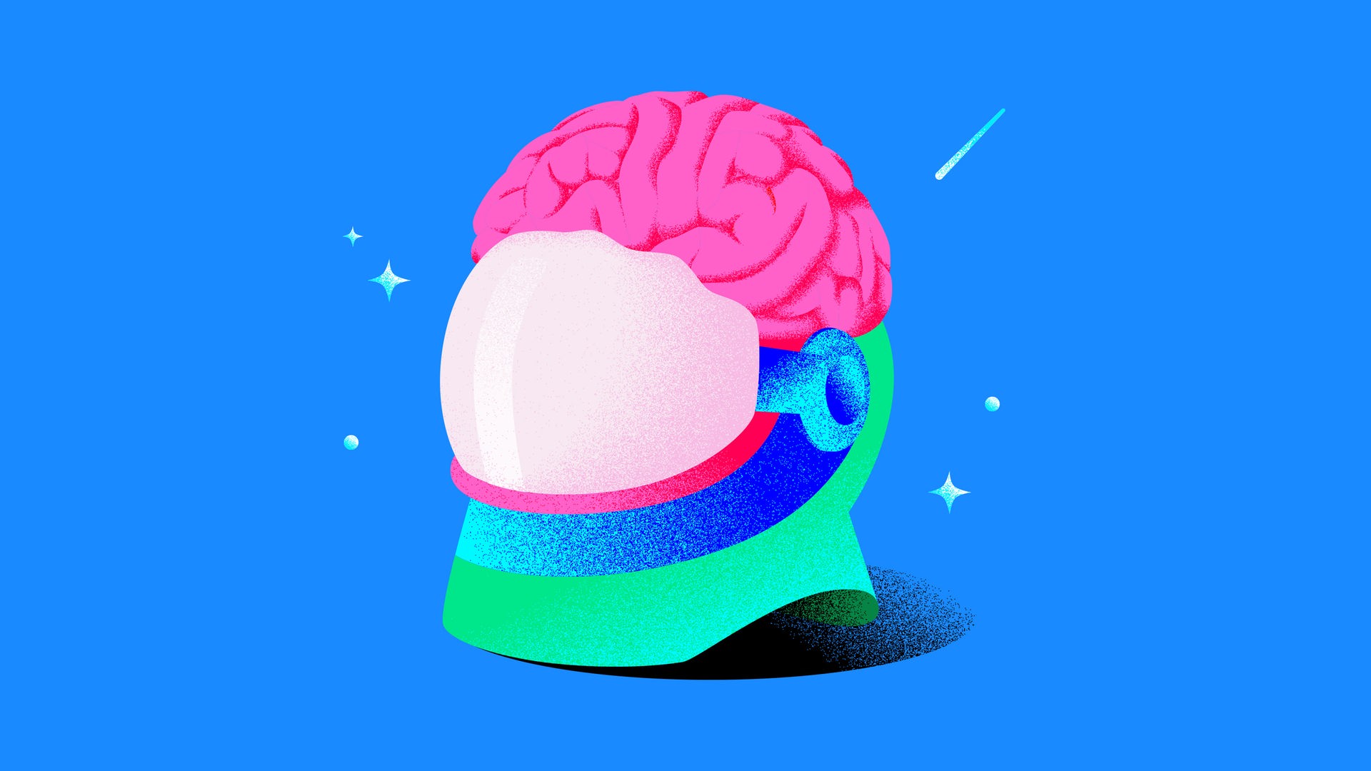 Die Illustration zeigt einen Helm mit einem Visier. Oben ist das Gehirn zu sehen.