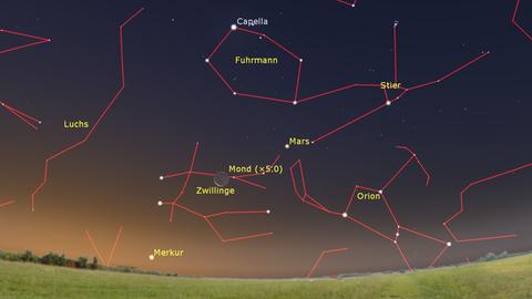 Am nächtlichen Himmel sind verschiedenen Sternbilder eingezeichnet. Im Zentrum ist vergrößert die dünne Sichel des Mondes zu sehen.