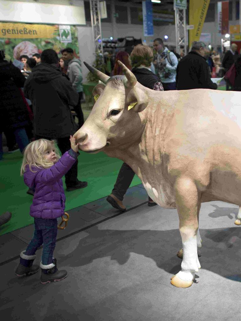 Ein Mädchen streichelt eine aufgestellte Kuh bei der Grünen Woche 2018 in Berlin