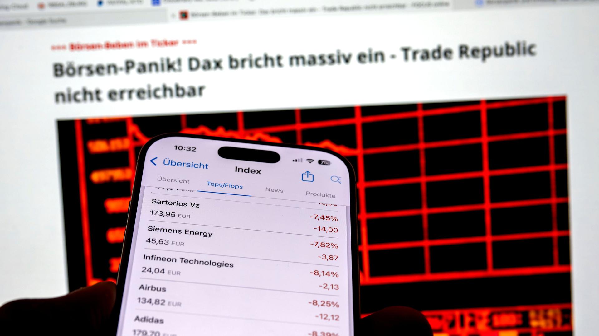 Thema Börsenbeben nach dem Zoll-Streit aus Amerika: Tagesaktuelle Börsen-Daten auf einem iPhone16 Smartphone-Screen: Aktuelle Daten vom DAX zeigen massive Kursverluste am Montag 07. April 2025 aufgrund der Zölle von Präsident Trump in den USA. Thema Börsenbeben nach dem Zoll-Streit aus Amerika: Tagesaktuelle Börsen-Daten auf einem iPhone16 Smartphone-Screen: Aktuelle Daten vom DAX zeigen massive Kursverluste am Montag 07. April 2025 aufgrund der Zölle von Präsident Trump in den USA.