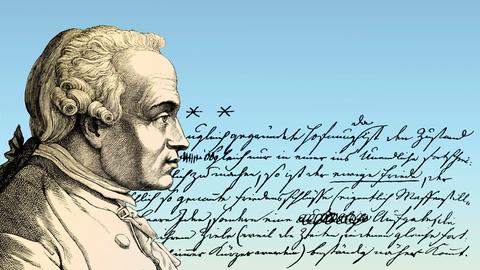 Illustration: Porträt von Immanuel Kant mit handschriftlichem Text vor seinem Kopf.