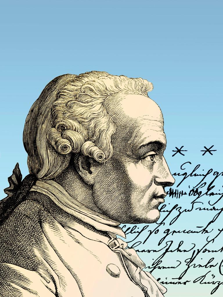 Illustration: Porträt von Immanuel Kant mit handschriftlichem Text vor seinem Kopf.