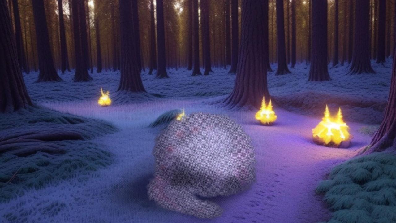 Ein mysteriöses Objekt umgeben von Eisfeuern in einem verschneiten Wald