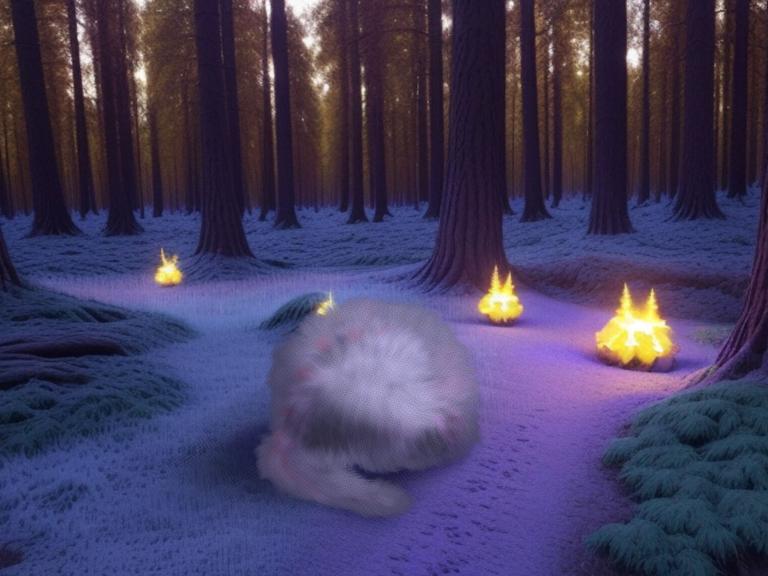 Ein mysteriöses Objekt umgeben von Eisfeuern in einem verschneiten Wald