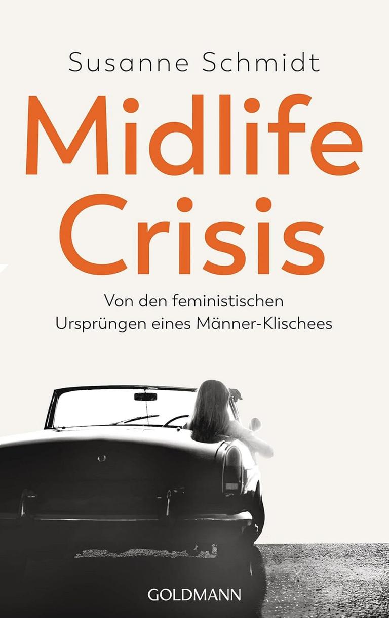 Das Buchcover des Buchs "Midlife-Crisis", darauf in Schwarz-Weiß eine Frau in einem Cabriolet