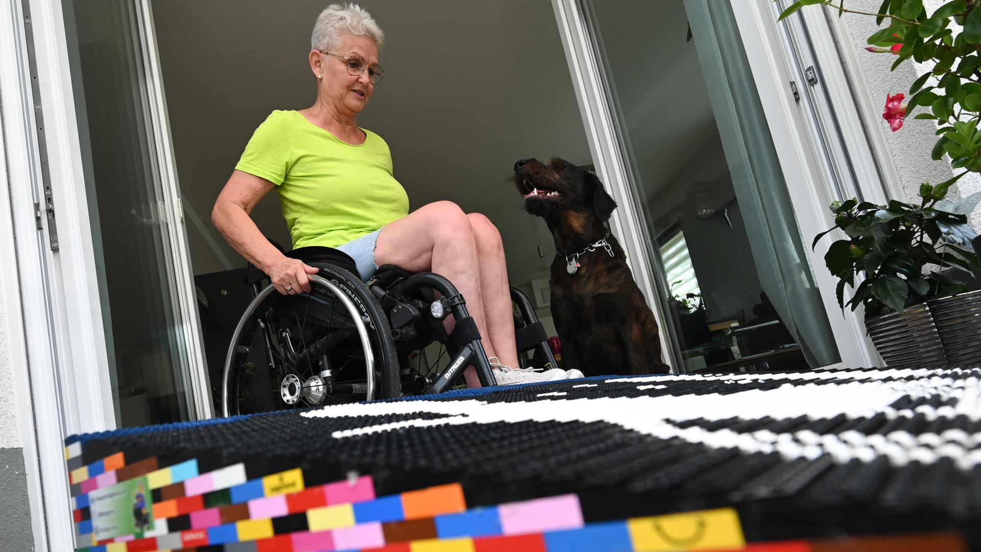 Das Bild zeigt eine bunte Rampe aus Klemm-Bausteinen. Im Hintergrund ist eine Frau im Roll-Stuhl zu sehen. Das Bild zeigt eine bunte Rampe aus Klemm-Bausteinen. Im Hintergrund ist eine Frau im Roll-Stuhl zu sehen.