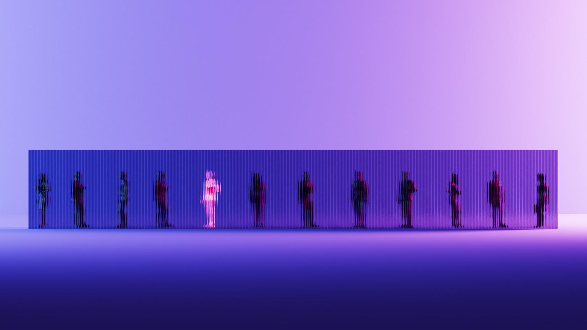 Illustration verschiedener Personen hinter einer Art Mauer. Sie scheinen in dunkler Farbe durch die Mauer. Lediglich eine Person scheint in pink durch. Der Hintergrund ist lila und blau. Illustration verschiedener Personen hinter einer Art Mauer. Sie scheinen in dunkler Farbe durch die Mauer. Lediglich eine Person scheint in pink durch. Der Hintergrund ist lila und blau.
