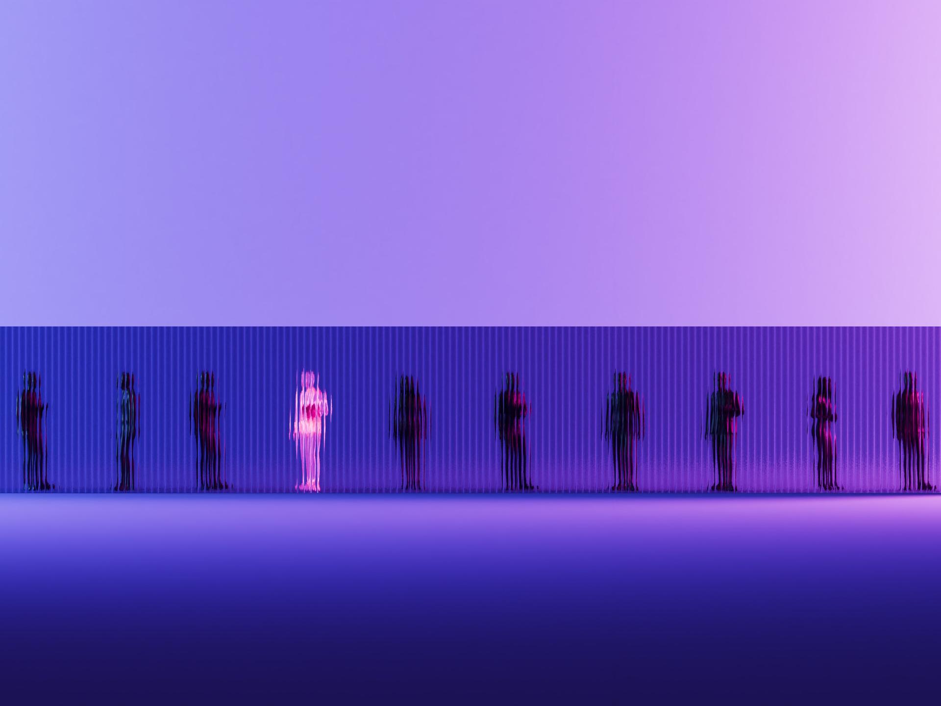 Illustration verschiedener Personen hinter einer Art Mauer. Sie scheinen in dunkler Farbe durch die Mauer. Lediglich eine Person scheint in pink durch. Der Hintergrund ist lila und blau. Illustration verschiedener Personen hinter einer Art Mauer. Sie scheinen in dunkler Farbe durch die Mauer. Lediglich eine Person scheint in pink durch. Der Hintergrund ist lila und blau.