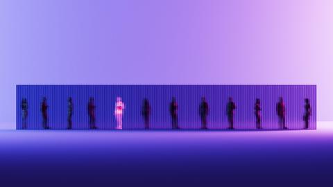 Illustration verschiedener Personen hinter einer Art Mauer. Sie scheinen in dunkler Farbe durch die Mauer. Lediglich eine Person scheint in pink durch. Der Hintergrund ist lila und blau. Illustration verschiedener Personen hinter einer Art Mauer. Sie scheinen in dunkler Farbe durch die Mauer. Lediglich eine Person scheint in pink durch. Der Hintergrund ist lila und blau.