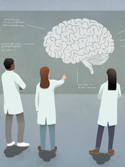 Wissenschaftler mit dem Diagramm eines Gehirns (Illustration)