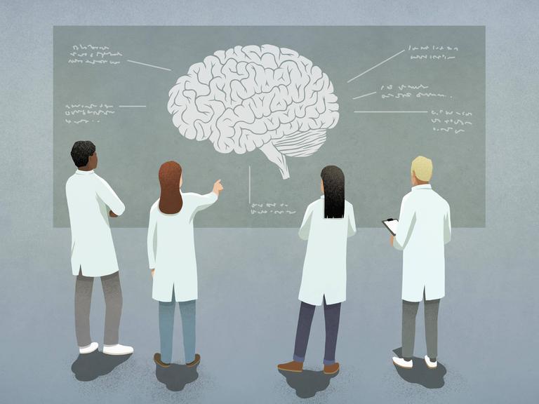 Wissenschaftler mit dem Diagramm eines Gehirns (Illustration)