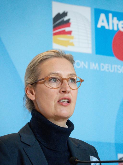 Die Parteichefin der Alternative für Deutschland (AfD), Alice Weidel, steht an einem Rednerpult. Im Hintergrund ist das Logo ihrer Partei zu sehen. 