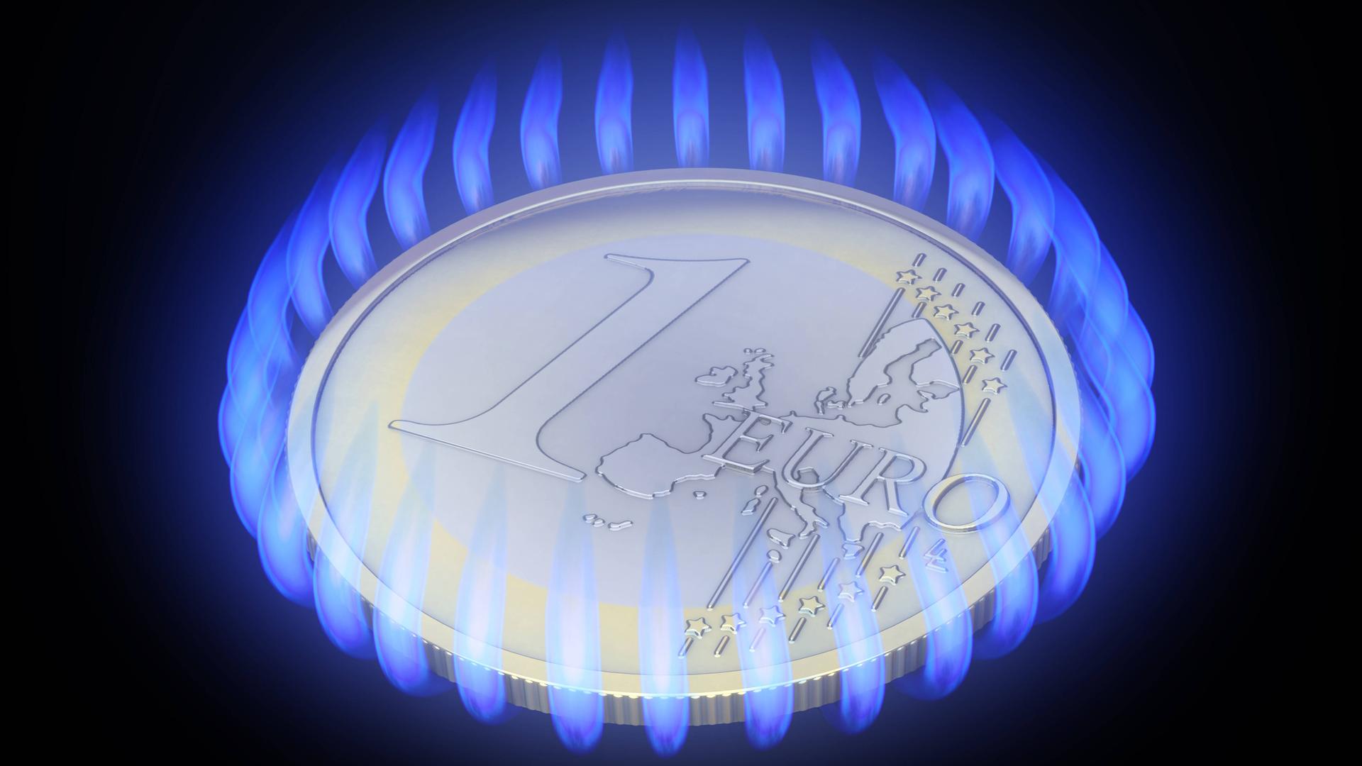 Ein Euro ist umgeben von Gasflammen