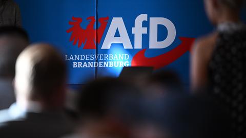 Teilnehmer sitzen in der Auftaktveranstaltung der AfD in Brandenburg zur Landtagswahl vor dem Parteilogo.