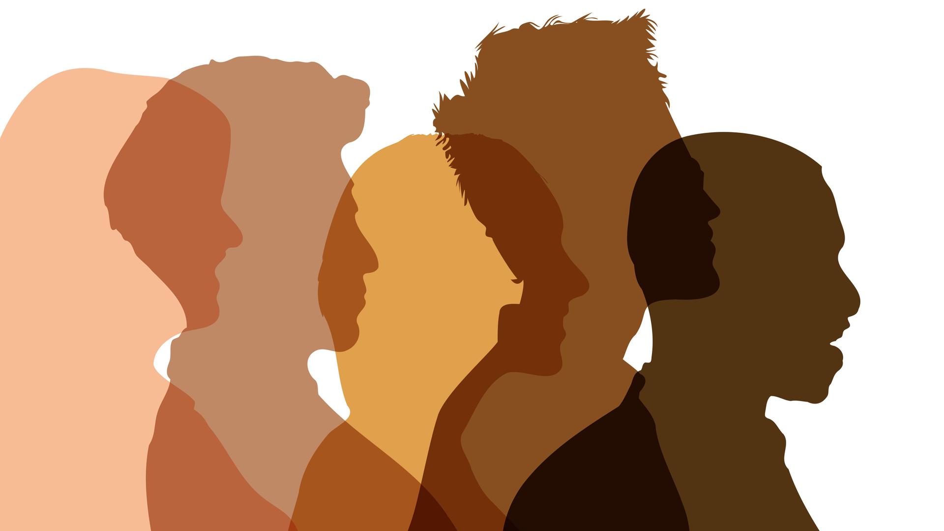 Menschen im Profil in Hautfarben als Zeichen von Vielfalt.