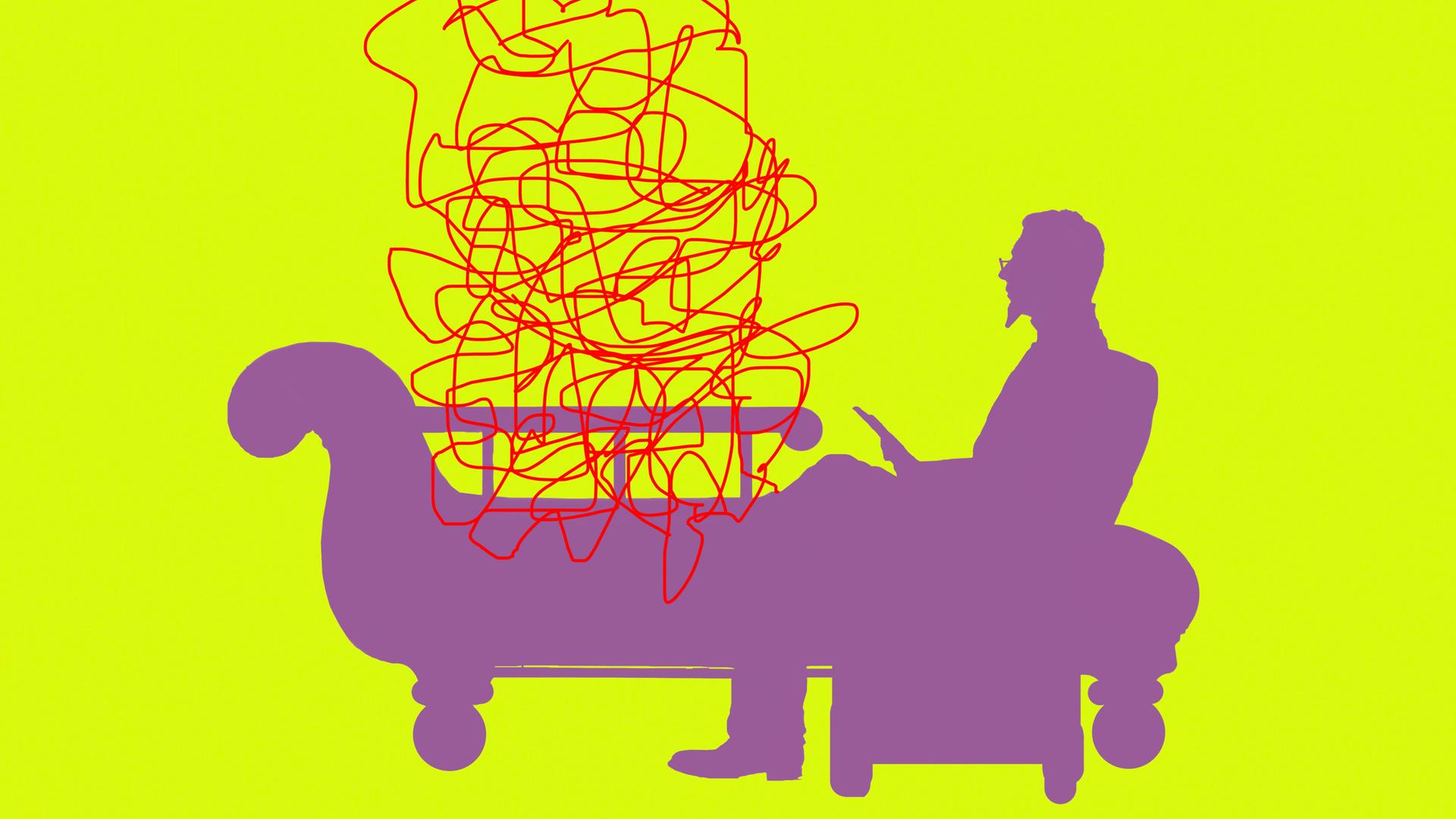 Illustration: Verworrene Linien auf der Couch eines Psychiaters vor gelben Hintergrund.